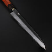 Closeup of the blade with the maker's name engraving of a Shirou Kunimitsu White Steel Kasumi Sashimi Knife 230mm