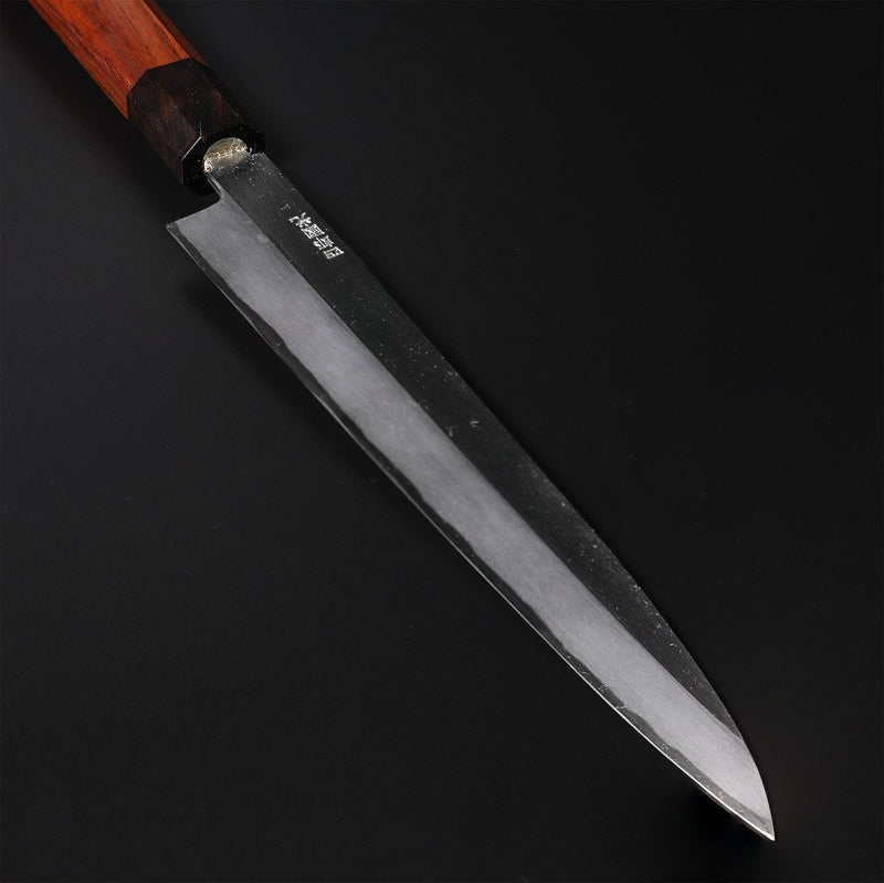 Closeup of the blade with the maker's name engraving of a Shirou Kunimitsu White Steel Kasumi Sashimi Knife 230mm