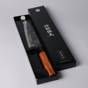 Shirou Kunimitsu Special White Steel Kurouchi Santoku Knife 170mm (Red Handle) in an open box