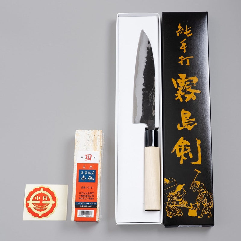Kurouchi Santoku Knife 165mm crafted by Nakamura Blacksmith in box with sharpening stone and sticker