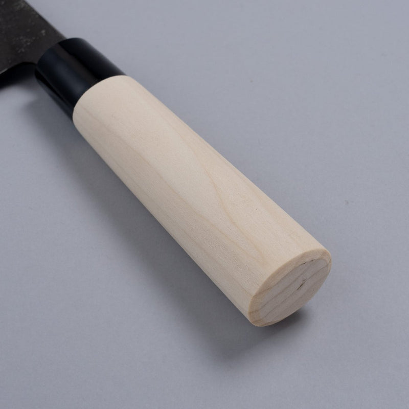 Closeup of the handle of a Nakamura Hamono Kurouchi Santoku Knife 165mm