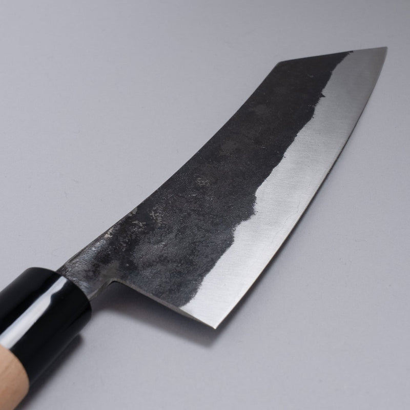 Closeup of the blade of a Nakamura Hamono Curved Back Bunka Kitchen Knife 165mm