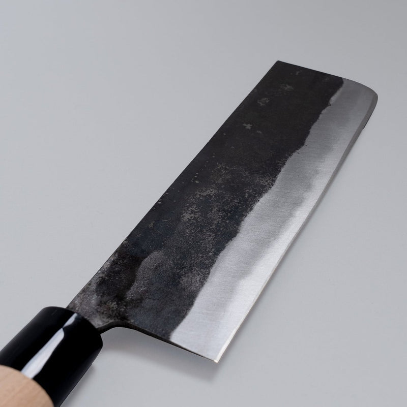 Closeup of the blade of a Nakamura Hamono Kurouchi Nakiri Knife 170mm
