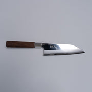 Ginsan stainless Funayuki knife 165mm crafted by Kurotori Blacksmith displayed horizontally on grey background