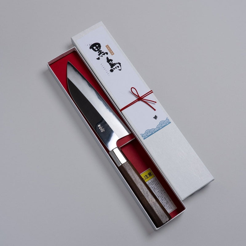 Ginsan stainless Funayuki knife 165mm crafted by Kurotori Blacksmith in decorative box on grey background