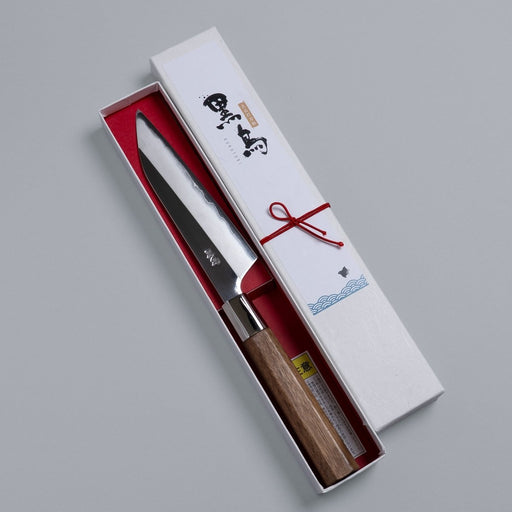 Ginsan stainless Petty knife 135mm crafted by Kurotori Blacksmith in decorative box on grey background
