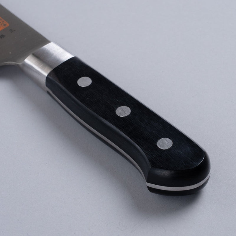 Closeup of the handle of a Inoguchi Hamono Western Santoku Knife 21cm