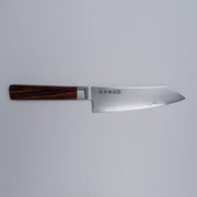 VG-10 stainless steel KIRINAMI Kiritsuke Bunka 150mm crafted by Seki Kikusui Cutlery displayed horizontally on grey background