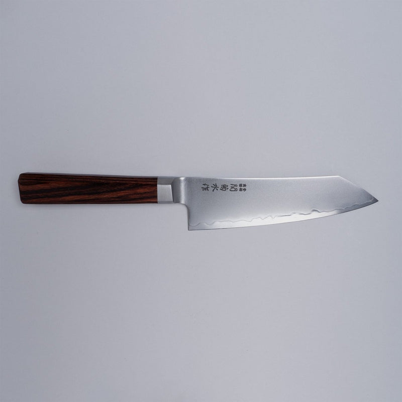 VG-10 stainless steel KIRINAMI Kiritsuke Bunka 150mm crafted by Seki Kikusui Cutlery displayed horizontally on grey background