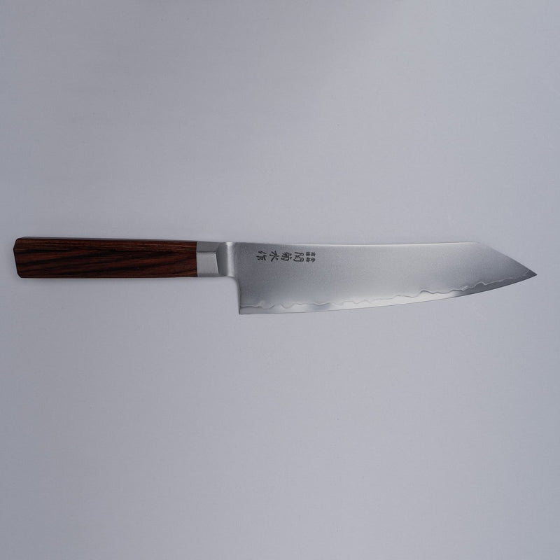 VG-10 stainless steel KIRINAMI Kiritsuke Bunka 180mm by Seki Kikusui Cutlery displayed horizontally on grey background