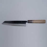 Kurouchi Damascus Blue Steel No. 2 Kiritsuke 210mm by Kajihara Hamono displayed horizontally on grey background
