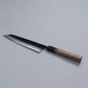 Kurouchi Damascus Blue Steel No. 2 Kiritsuke 210mm by Kajihara Hamono displayed diagonally on grey background