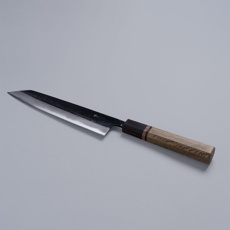 Kurouchi Damascus Blue Steel No. 2 Kiritsuke 210mm by Kajihara Hamono displayed diagonally on grey background