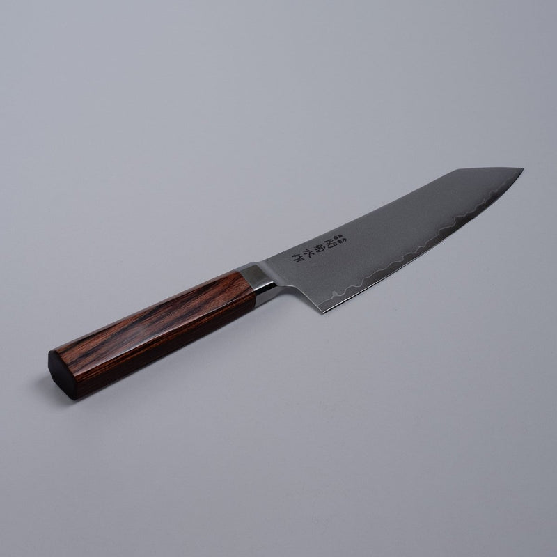 VG-10 stainless steel KIRINAMI Kiritsuke Bunka 180mm crafted by Seki Kikusui Cutlery displayed diagonally on grey background