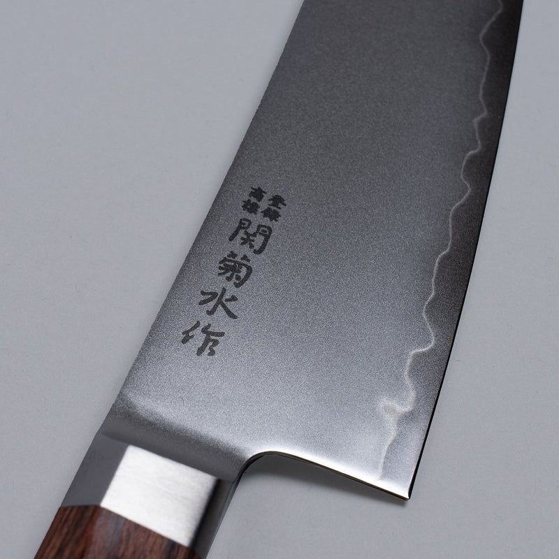 Closeup on manufacturer name on blade of VG-10 stainless steel KIRINAMI Kiritsuke Bunka 180mm by Seki Kikusui Cutlery on grey background
