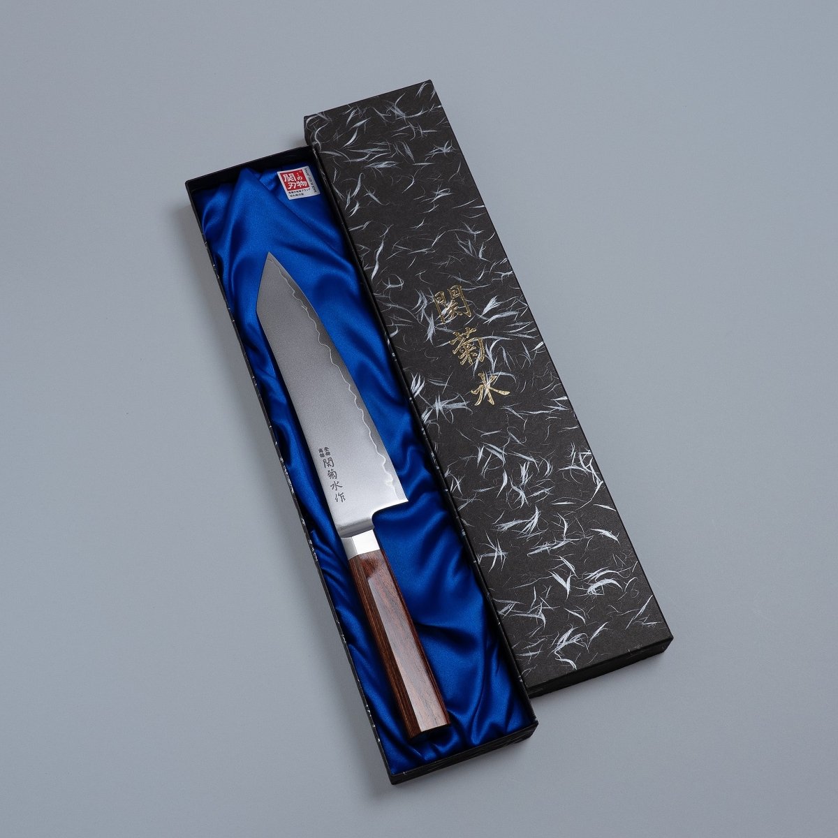 VG-10 stainless steel KIRINAMI Kiritsuke Bunka 180mm knife by Seki Kikusui Cutlery in decorative box on grey background