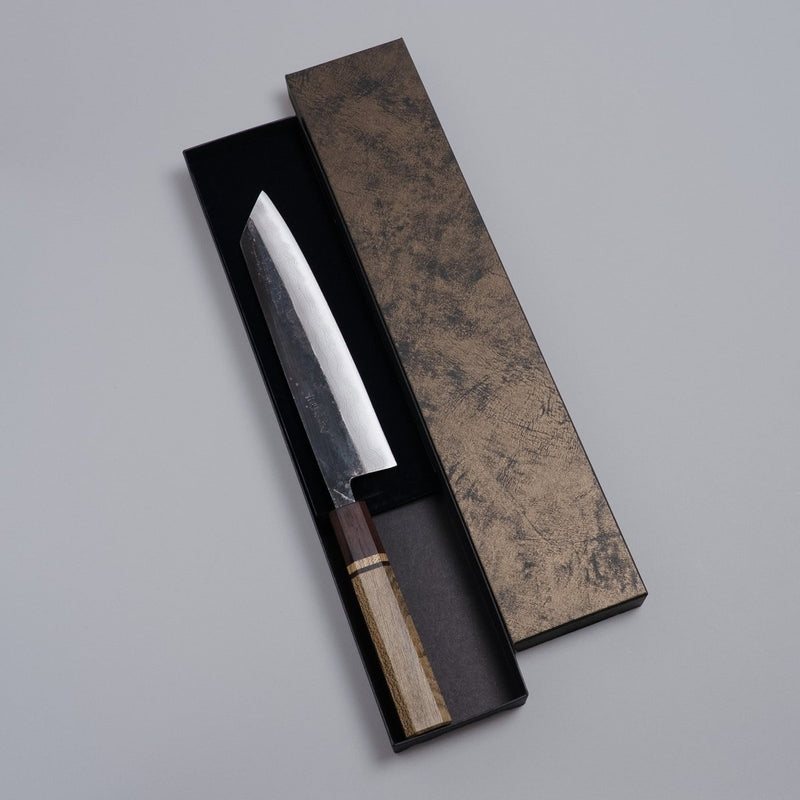 Kurouchi Damascus Blue Steel No. 2 Kiritsuke 210mm by Kajihara Hamono in box on grey background