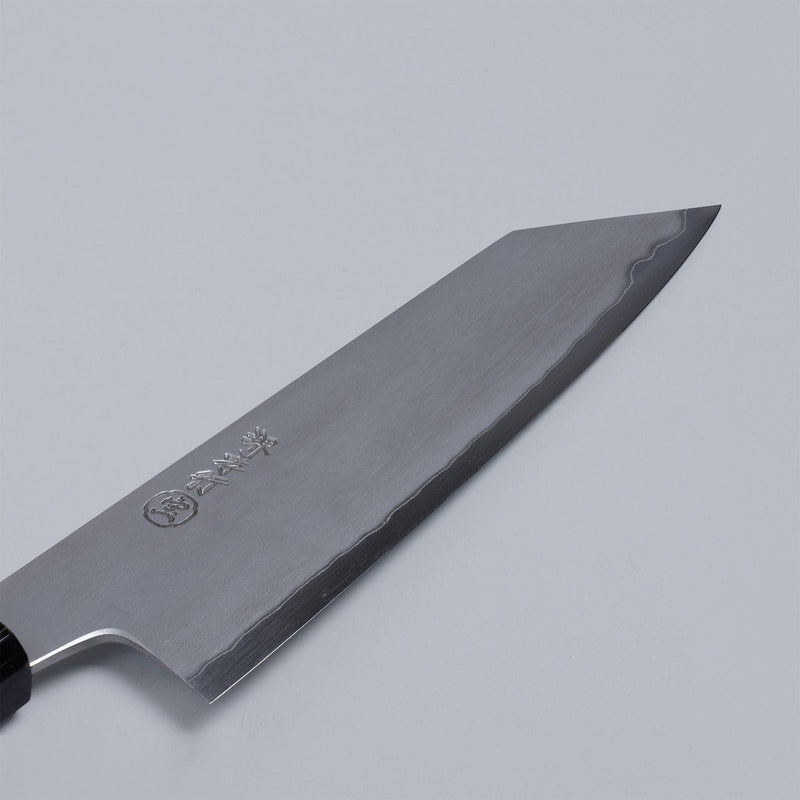 Closeup of the blade of a Sakai TAKAYUKI White Steel No.2 Kiritsuke 180mm with maker's engraving