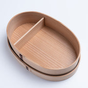 Open Hakata Bentwood Tamaki Magewappa Oval Bento Box with on white background