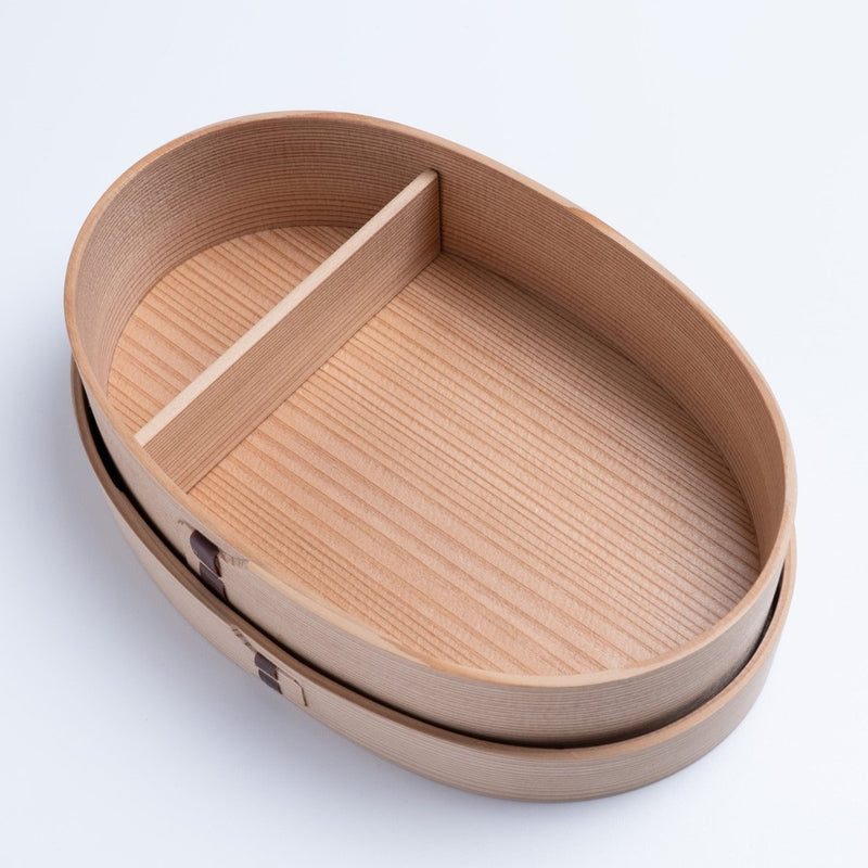 Open Hakata Bentwood Tamaki Magewappa Oval Bento Box with on white background