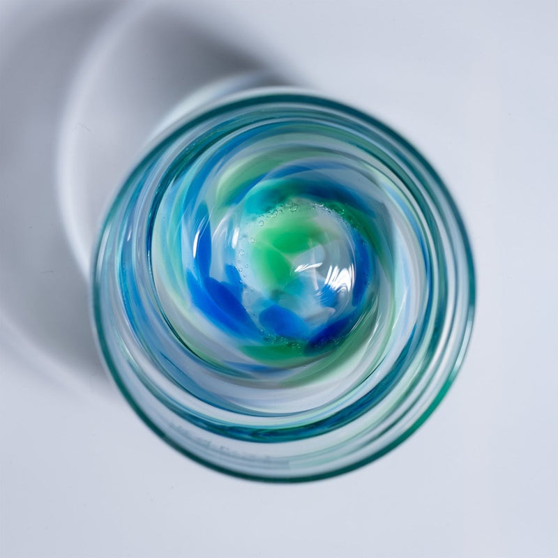 Above view of Soejima Glassware Handcrafted Cobalt Green Wavy Glass