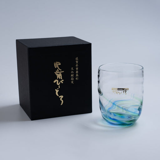 Soejima Glassware Handcrafted Cobalt Green Wavy Glass next to its black box