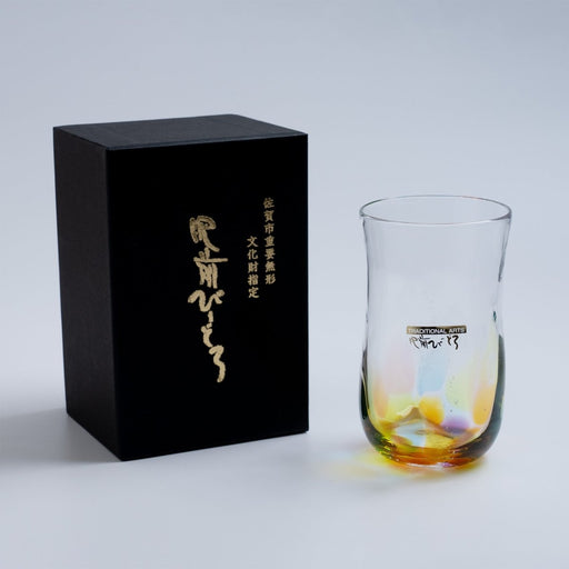 Soejima Glassware Handcrafted Beer Rainbow Glass next to its black box