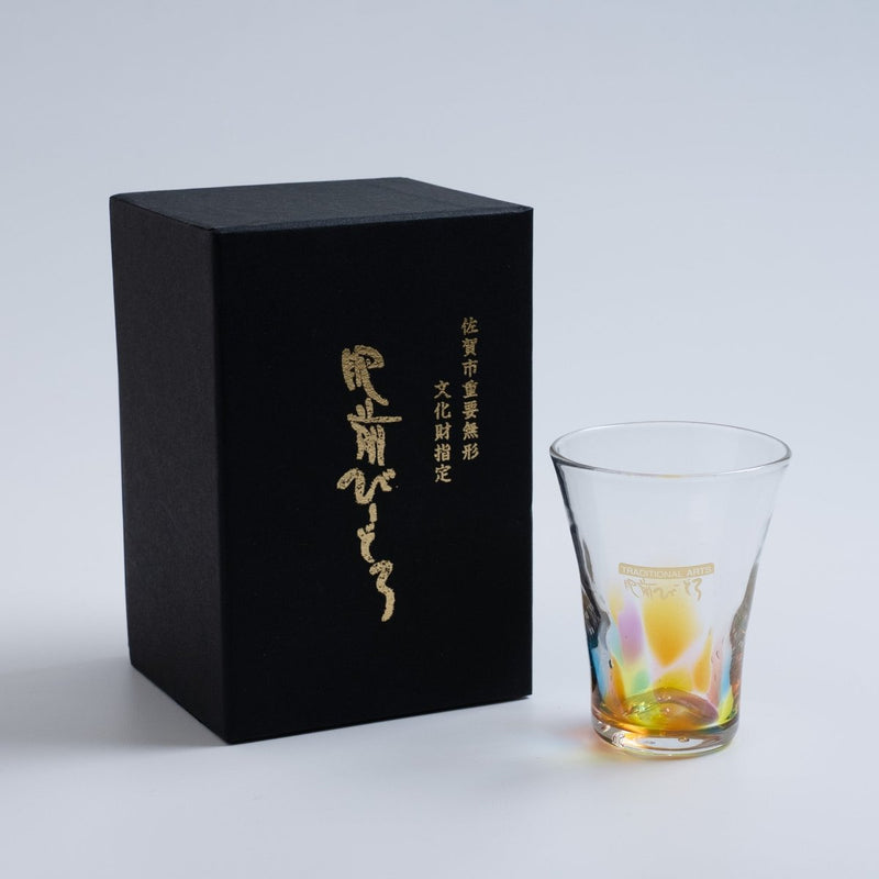 Soejima Glassware Handcrafted Rainbow Water Glass next to its black box