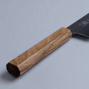 Japanese oak handle of a Inoguchi Hamono Japanese Kiritsuke Santoku Knife 210mm