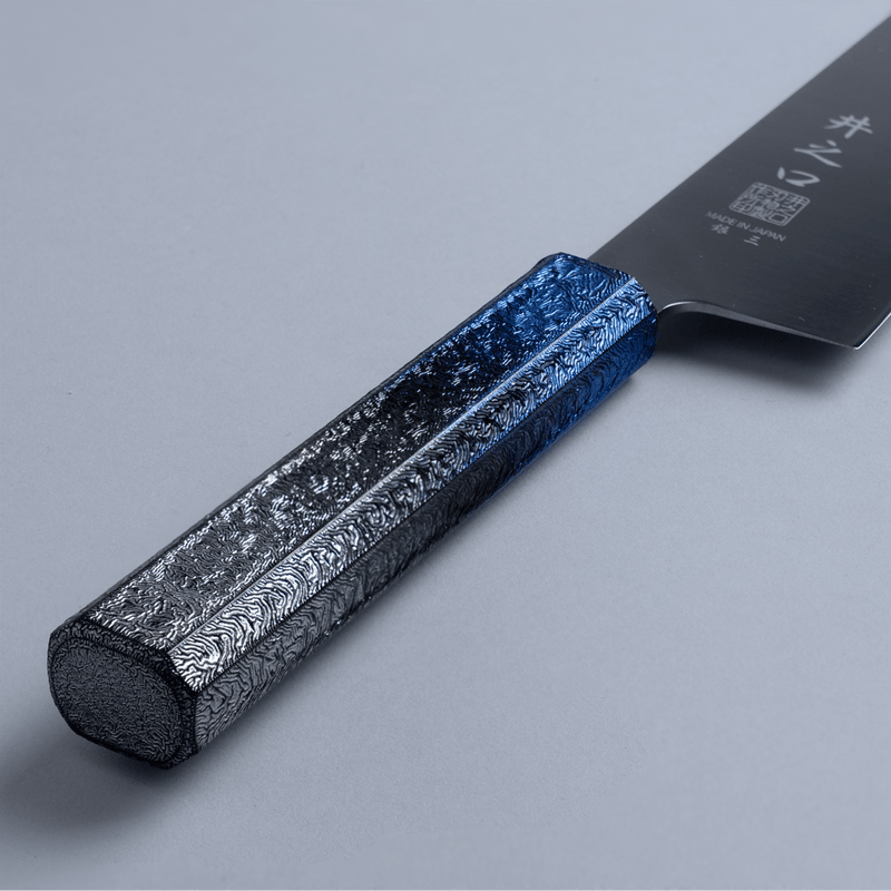 Closeup of a Japanese oak urushi lacquer blue handle for a Inoguchi Hamono Japanese Kiritsuke Santoku Knife 210mm