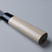 Closeup of the handle of a Nakamura Hamono Kurouchi Deba Knife 210mm