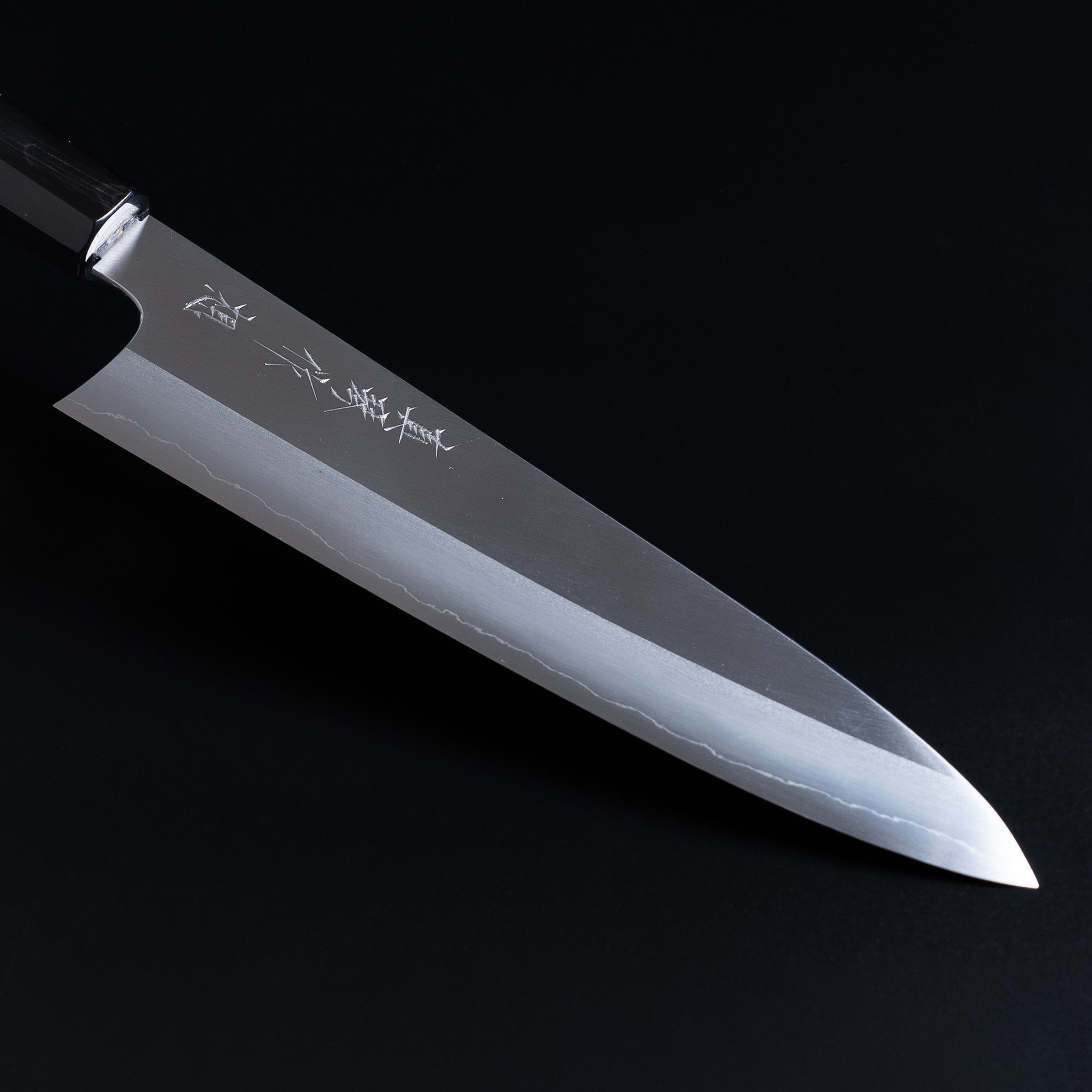 Closeup on blade of Tadokoro Hamono OMOI Ginsan Gyuto 240mm Kasumi Finish