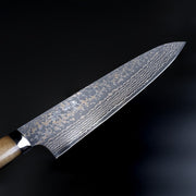 Closeup on tip of Takeshi Saji VG10W Stainless Steel Gyuto 240mm Gold-Toned Finish