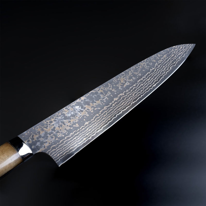 Closeup on tip of Takeshi Saji VG10W Stainless Steel Gyuto 240mm Gold-Toned Finish