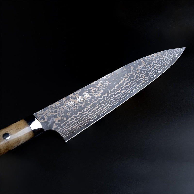 Closeup on blade of Takeshi Saji VG10W Stainless Steel Gyuto 200mm Gold-Toned Finish