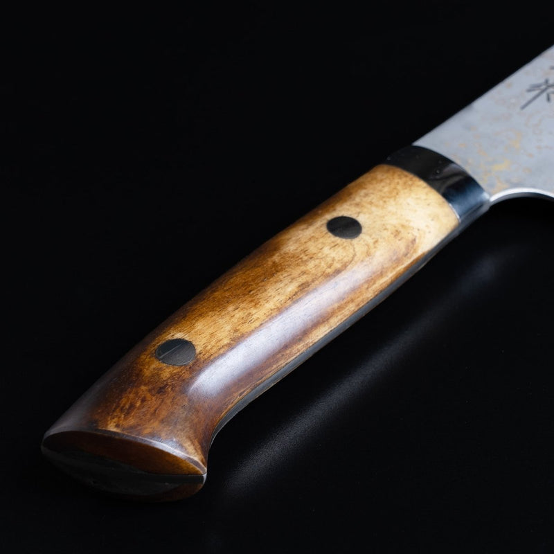 Closeup on buffalo horn handle on Takeshi Saji VG10W Stainless Steel Gyuto 200mm Gold-Toned Finish
