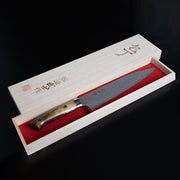 Takeshi Saji VG10W Stainless Steel Gyuto 200mm Gold-Toned Finish in decorative box on black background