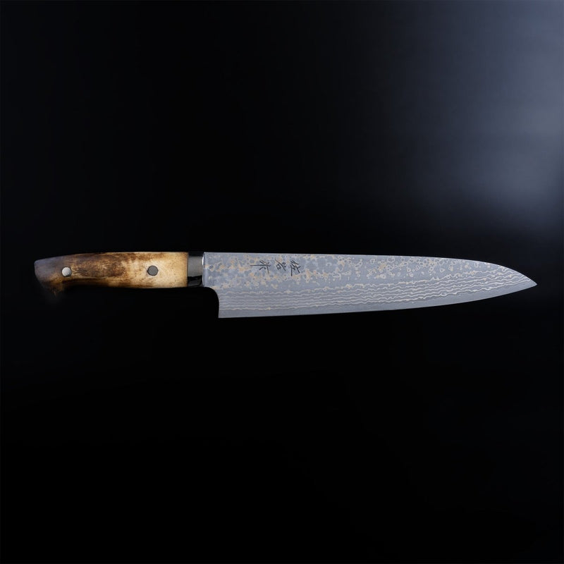 Takeshi Saji VG10W Stainless Steel Gyuto 240mm Gold-Toned Finish displayed horizontally on black background