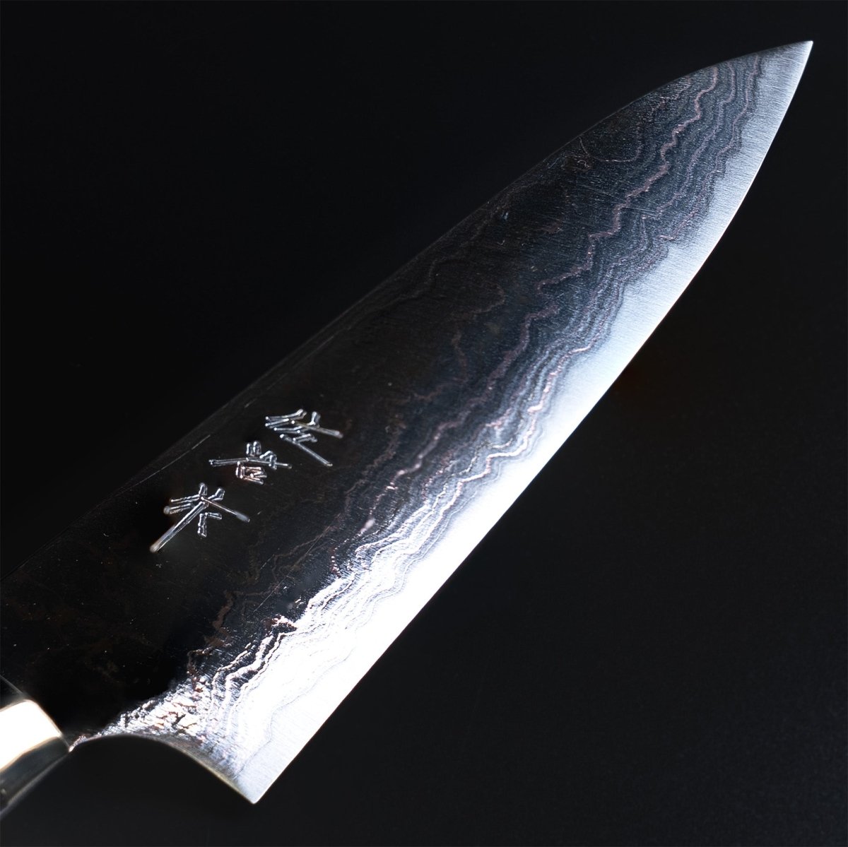 Closeup on blade and tip of Takeshi Saji Aogami Blue Steel 2 Gyuto 180mm