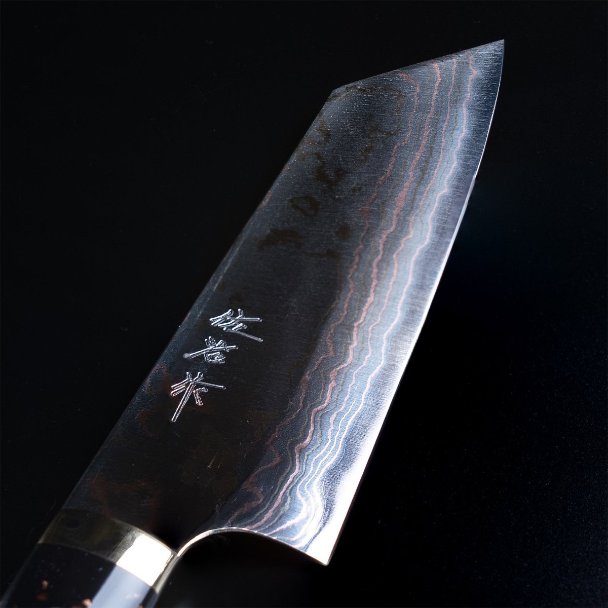 Closeup on blade of Takeshi Saji Aogami Blue Steel 2 Bunka Knife 180mm