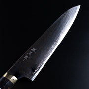 Closeup on tip of Takeshi Saji VG-10W Stainless Steel Gyuto 230mm on a dark background