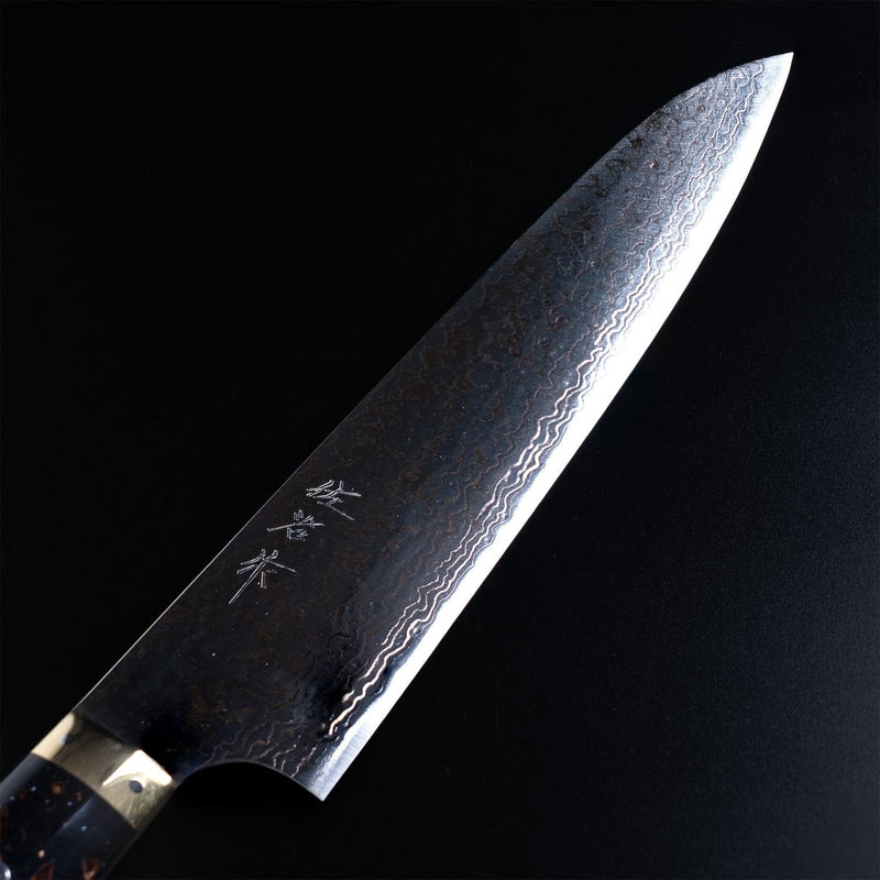 Closeup on tip of Takeshi Saji VG-10W Stainless Steel Gyuto 230mm on a dark background