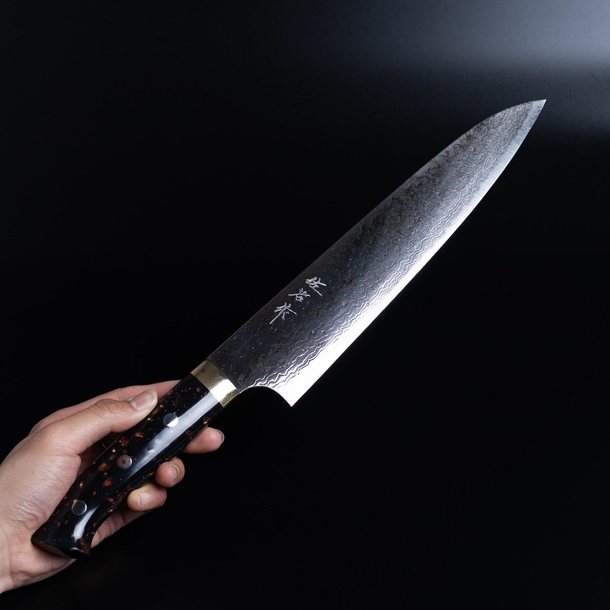 Hand holding a Takeshi Saji VG-10W Stainless Steel Gyuto 230mm on a dark background