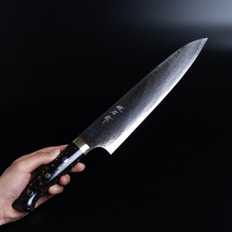 Hand holding a Takeshi Saji VG-10W Stainless Steel Gyuto 230mm on a dark background