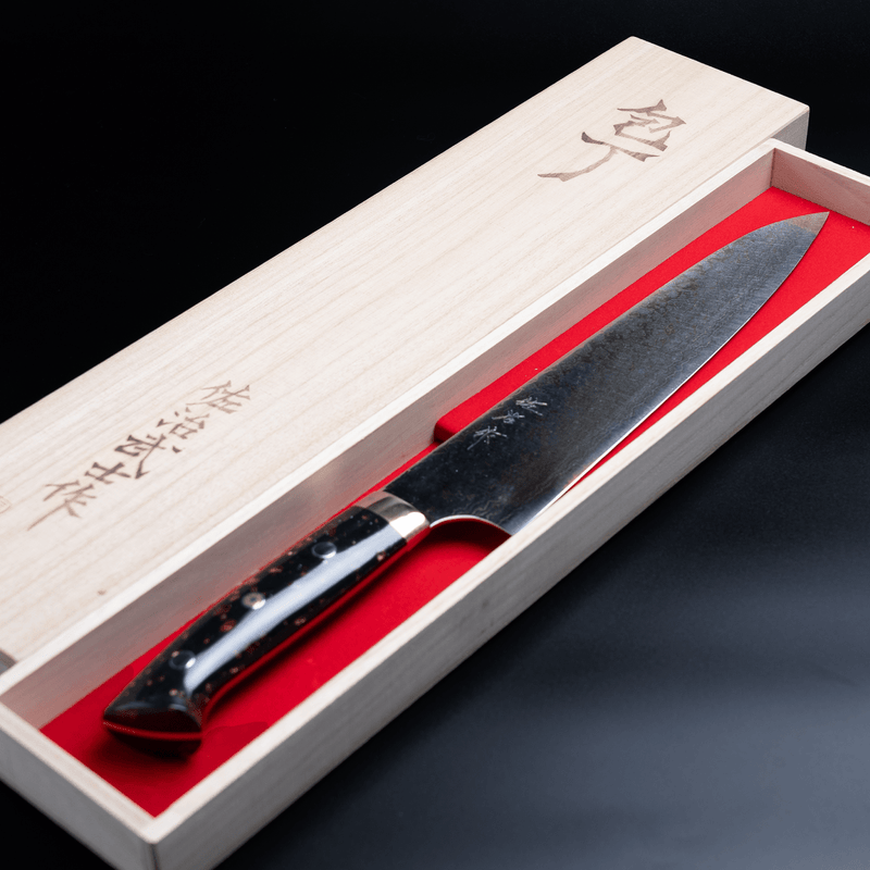 Takeshi Saji VG-10W Stainless Steel Gyuto 230mm inside its wooden box with red inner lining