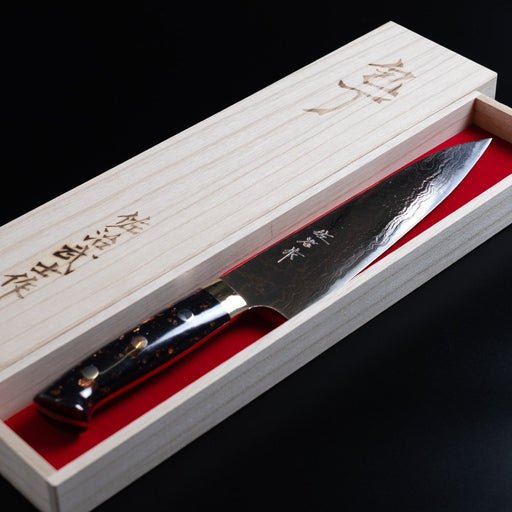 Takeshi Saji Aogami Blue Steel 2 Gyuto 180mm in a decorative box on a black background