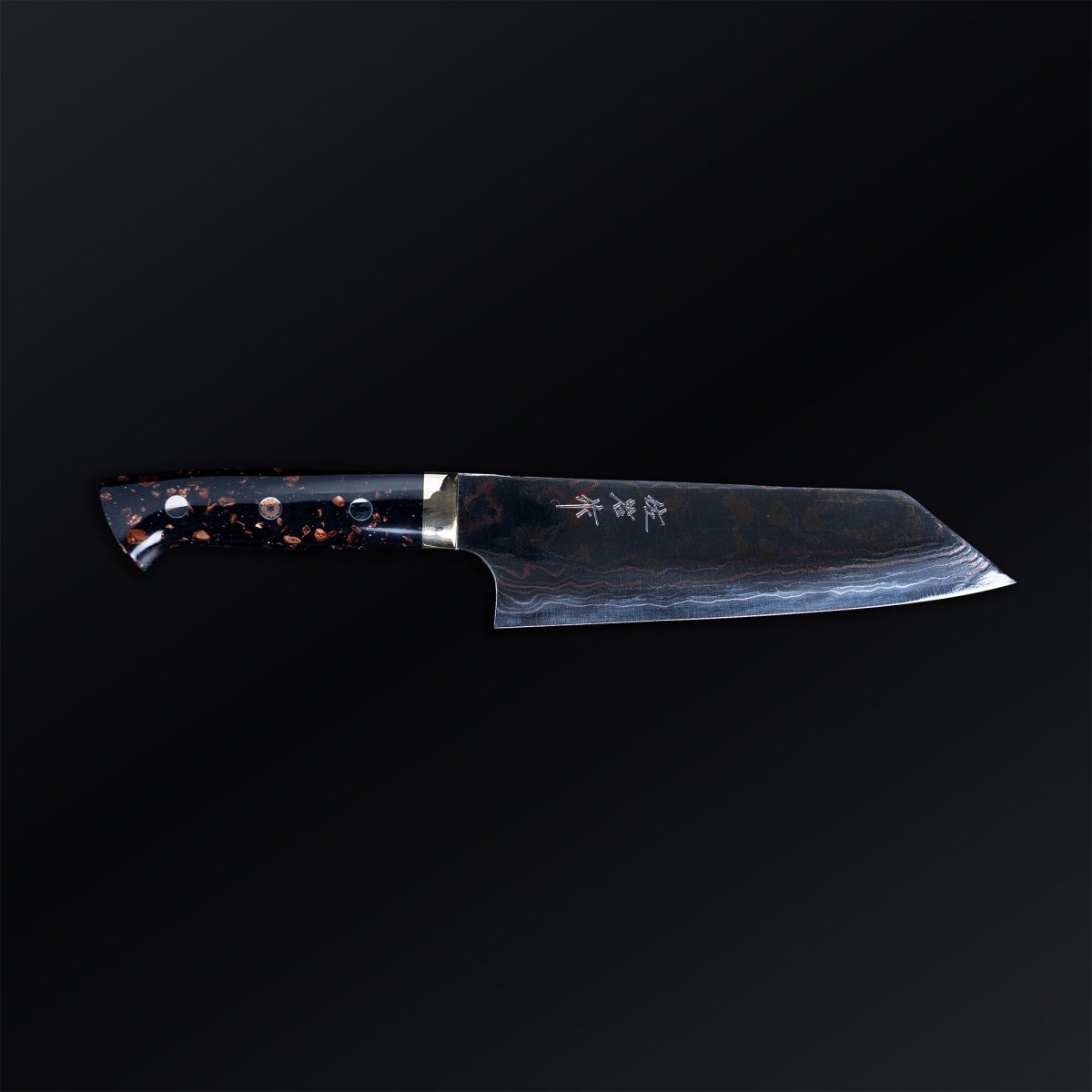 Takeshi Saji Aogami Blue Steel 2 Bunka Knife 180mm displayed horizontally on a black background