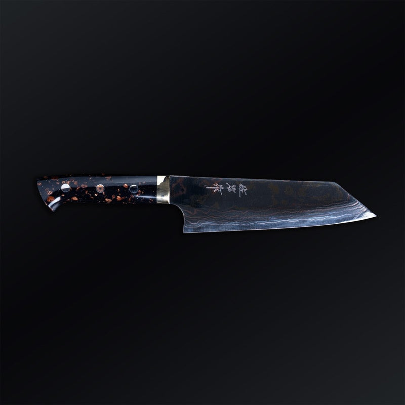 Takeshi Saji Aogami Blue Steel 2 Bunka Knife 180mm displayed horizontally on a black background