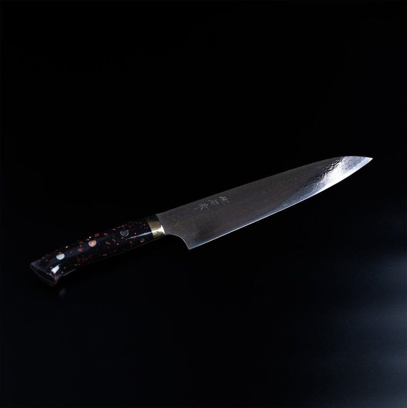 Takeshi Saji VG-10W Stainless Steel Gyuto 230mm displayed diagonally on a dark background