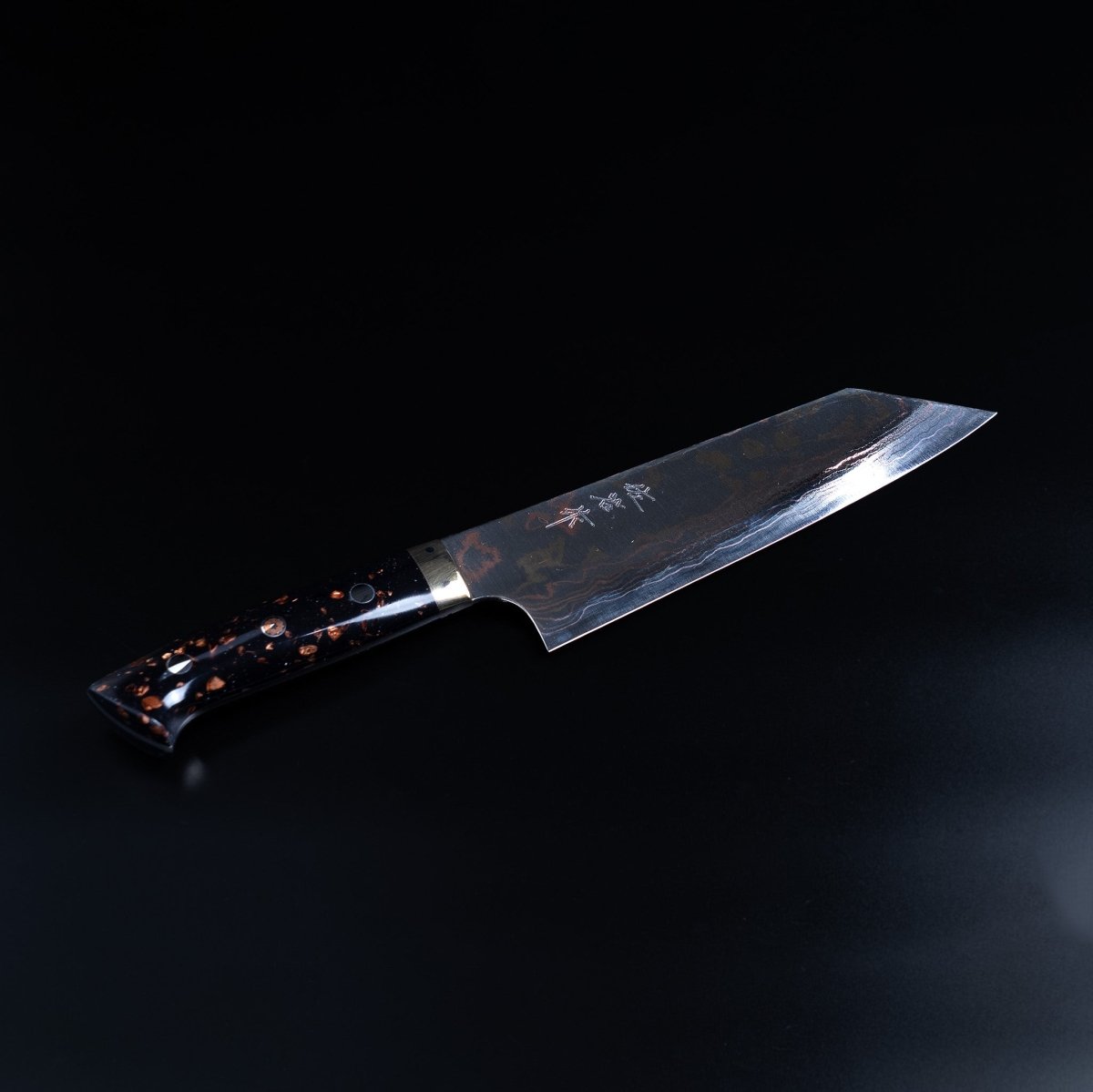 Takeshi Saji Aogami Blue Steel 2 Bunka Knife 180mm displayed diagonally on a black background